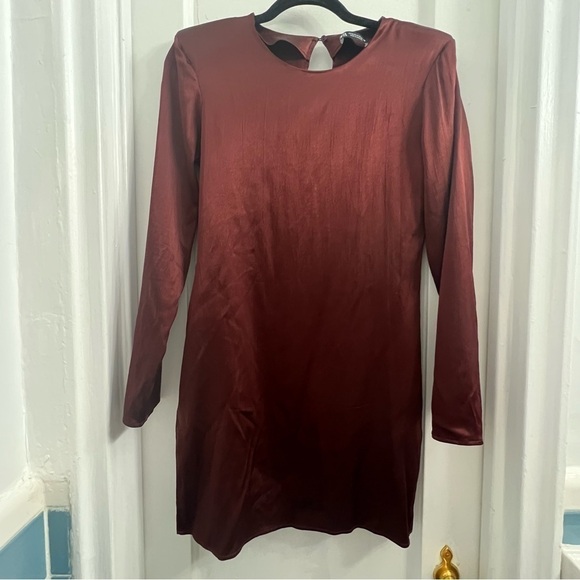 Zara Satin Mini Dress Shoulder Pads Keyhole Button Back M Brown - Picture 2 of 5
